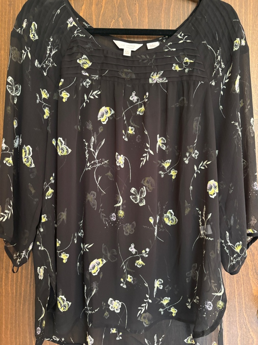 LC Lauren Conrad Black Sheer Floral Blouse with Yellow Accents
